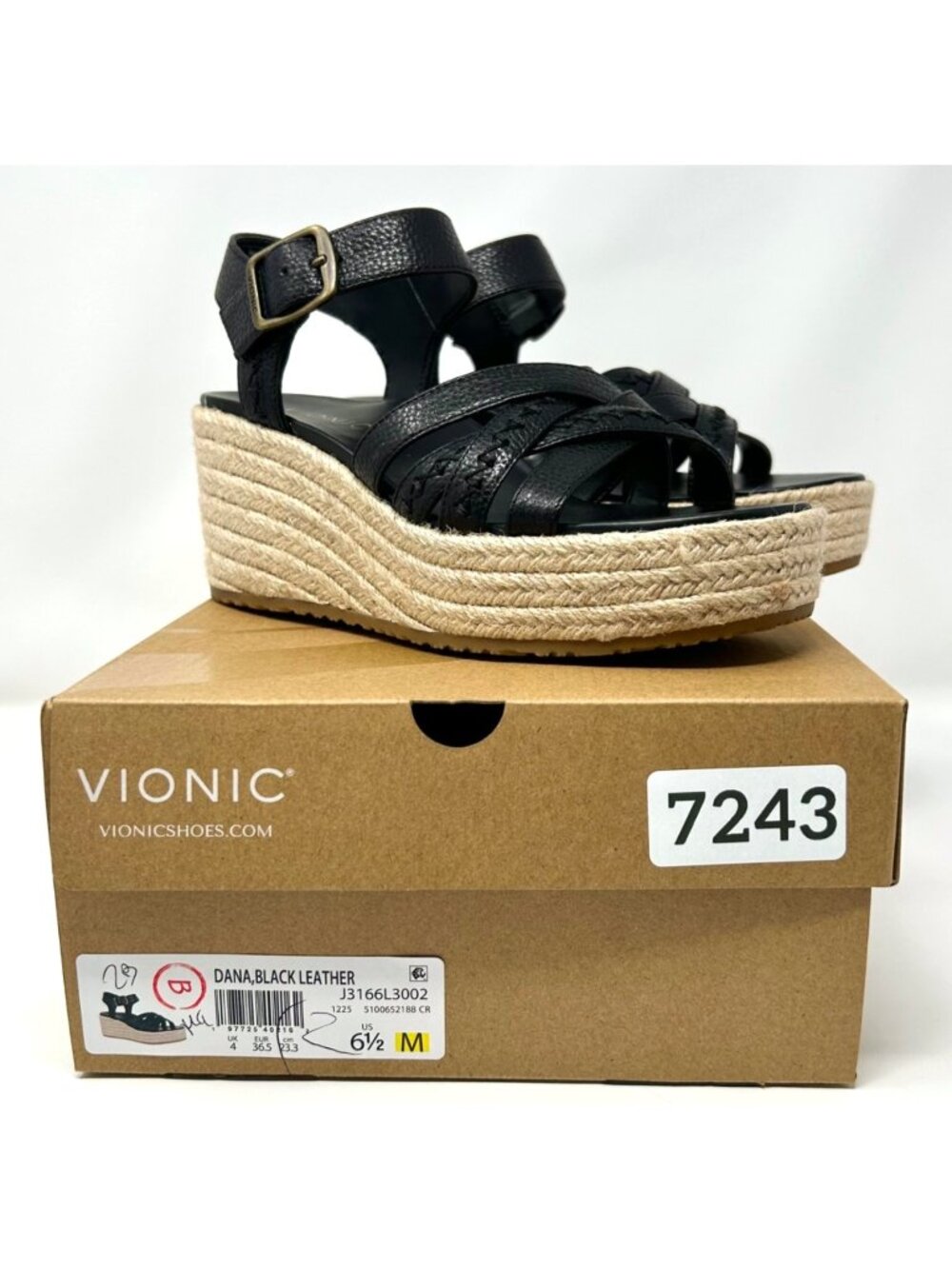 Vionic Dana Black Leather Espadrille Wedge Sandal Women's 6.5 Arch Support